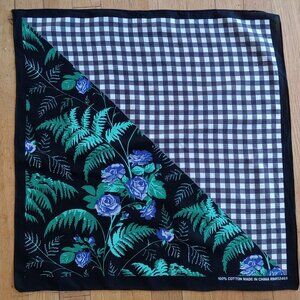 100% Cotton 21" Bandana Scarf w/Ferns, Blue Roses, B & W Checks